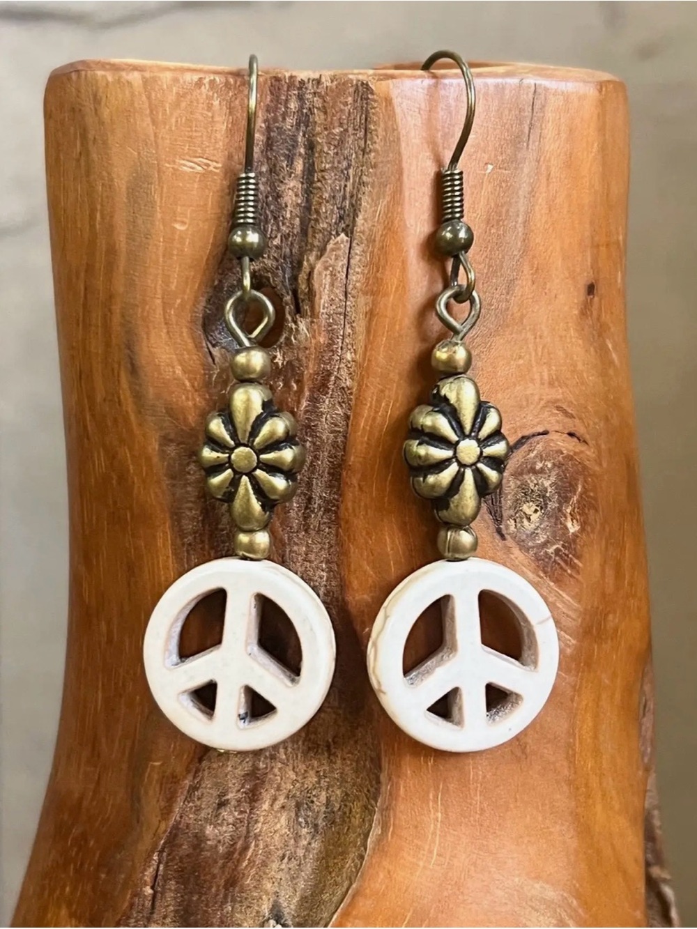 Mirabella Boho White Peace Sign Dangle Earrings with Brass Flower Accents